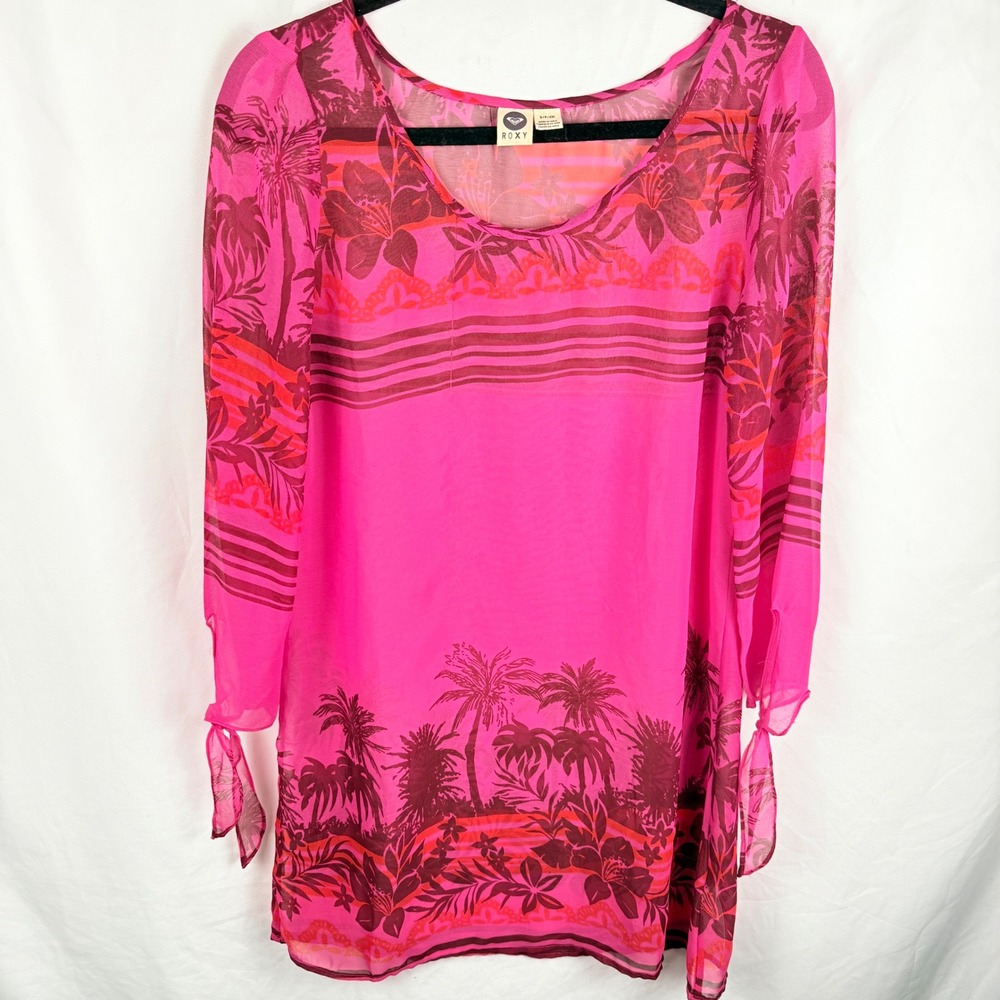 Roxy Pink Sheer Tropical Palm Tree Dress Swimsuit Cover Up Small Vacation Beachy